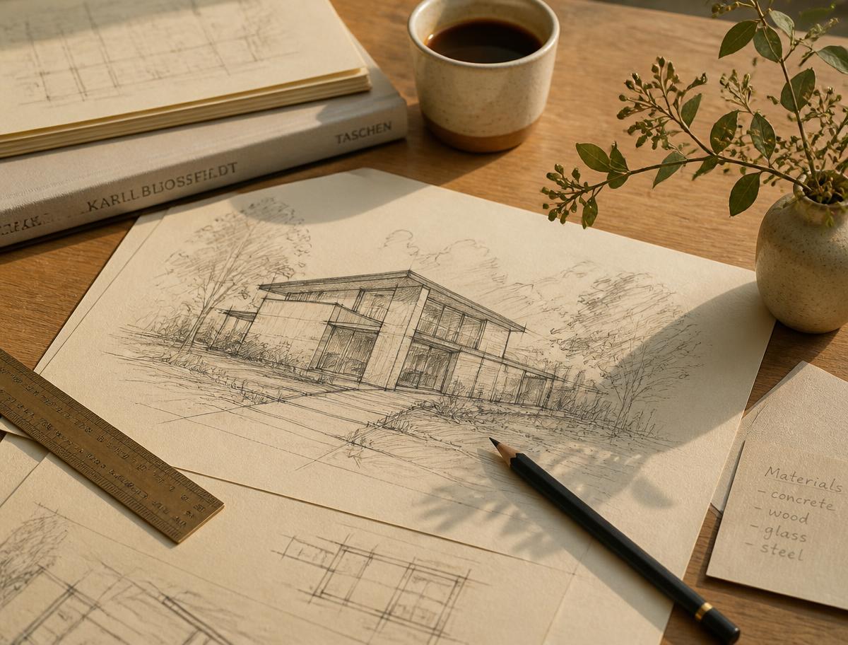 Hand-drawn architectural sketches, pencil and greenery on a wooden table