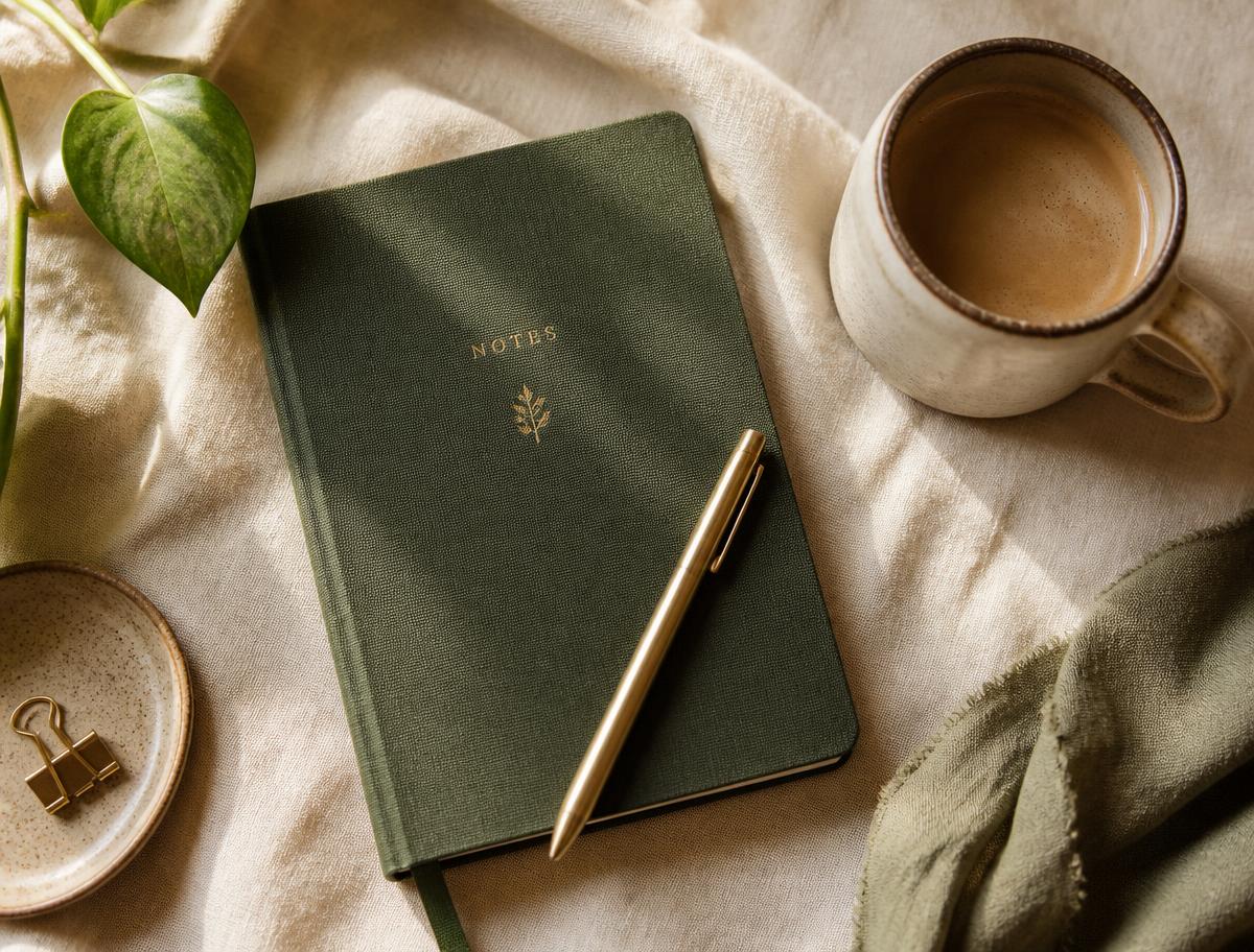 Warm cream linen desk with a green notebook, brass pen and coffee