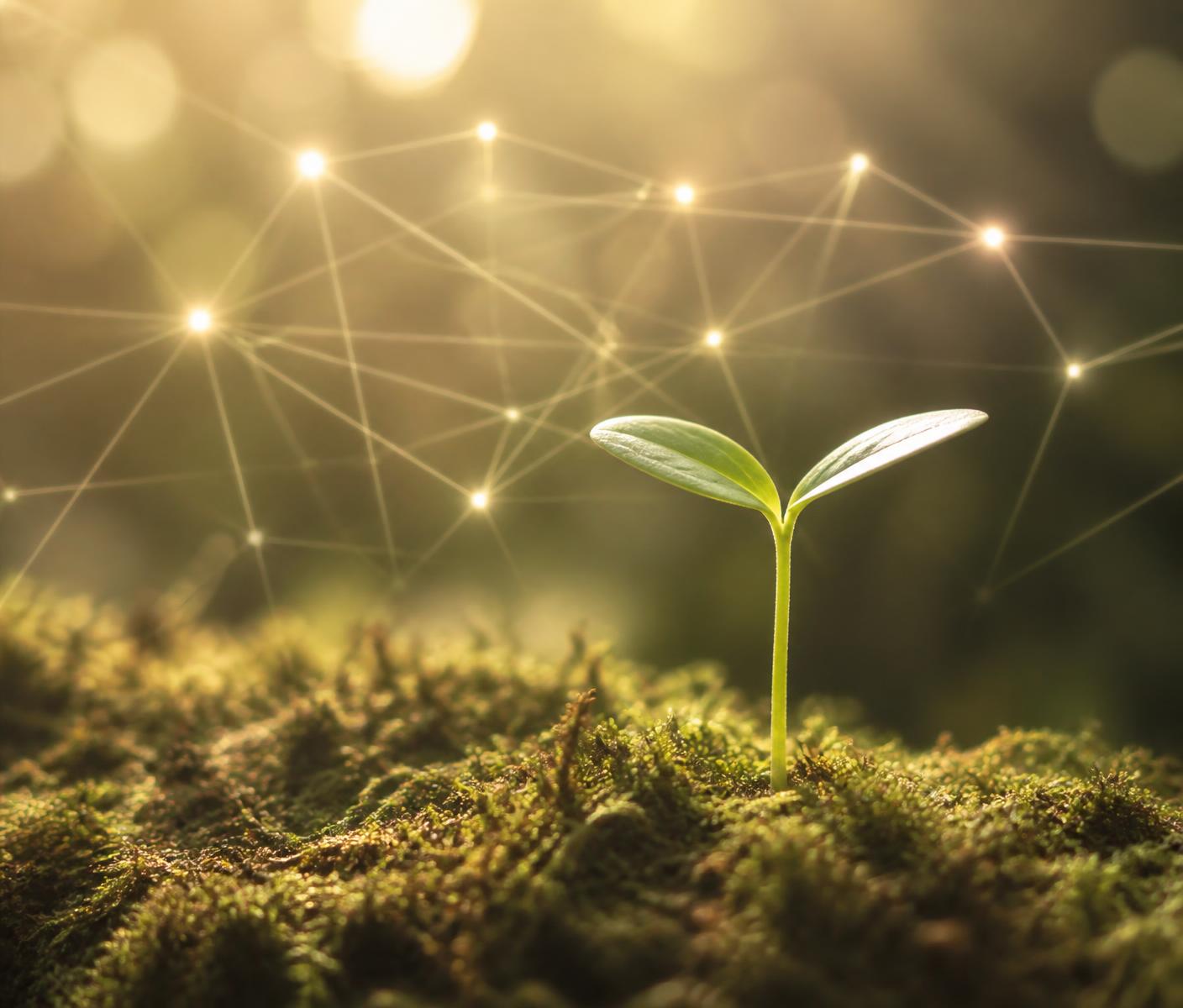 A young green seedling in warm light with a soft glowing network woven into the scene