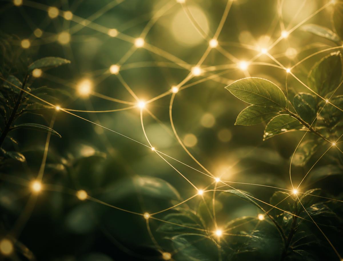 Warm golden network of light woven through green foliage
